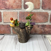 Rowan/Wooly Owl with Pumpkins, Moon & Flora on Natural Wood Base