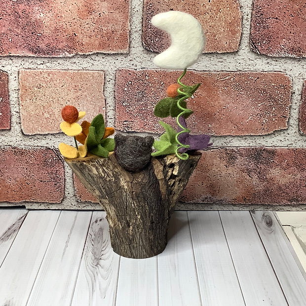 Rowan/Wooly Owl with Pumpkins, Moon & Flora on Natural Wood Base