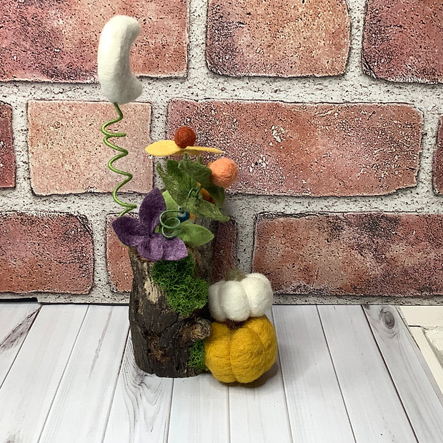Rowan/Wooly Owl with Pumpkins, Moon & Flora on Natural Wood Base