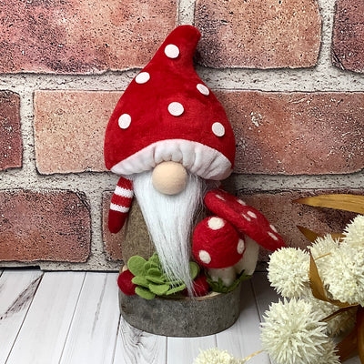 Pip/Gnome with Red Mushroom Hat, Mushrooms & Flora on Natural Wood Base