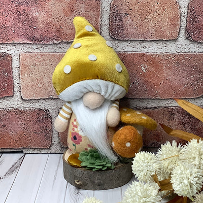 Fergus/Gnome with Mustard Mushroom Hat, Mushrooms & Flora on Natural Wood Base