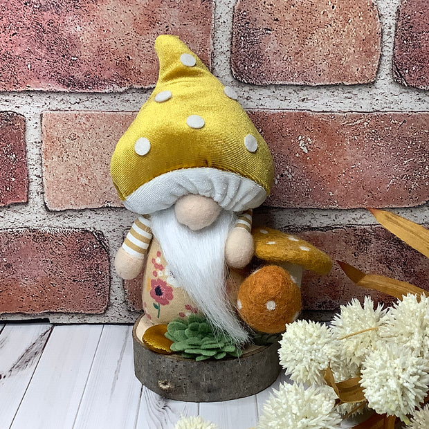 Fergus/Gnome with Mustard Mushroom Hat, Mushrooms & Flora on Natural Wood Base