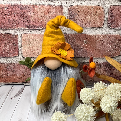 Eliot/Gnome with Mustard Hat, Pumpkin & Flora on Natural Wood Base