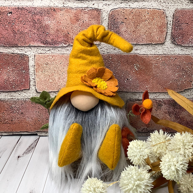 Eliot/Gnome with Mustard Hat, Pumpkin & Flora on Natural Wood Base