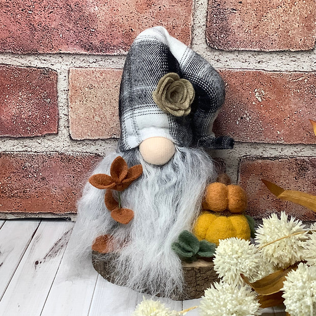 Otis/Gnome with Black Plaid Hat, Pumpkins & Flora on Natural Wood Base