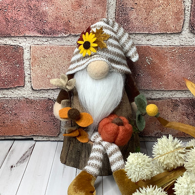 Merrick/Gnome with Striped Hat, Pumpkin & Flora on Natural Wood Base