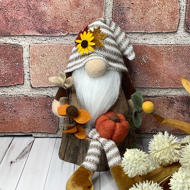 Merrick/Gnome with Striped Hat, Pumpkin & Flora on Natural Wood Base