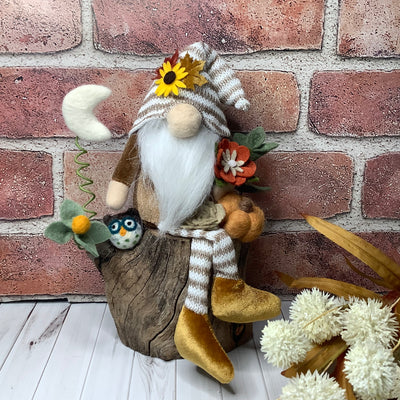 River/Gnome with Striped Hat, Owl, Moon, Pumpkin & Flora on Natural Wood Base
