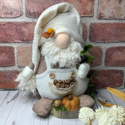 Ben/Gnome in Cream Overalls, with a Pocket Full of Acorns, a Pumpkin & Flora on Natural Wood Base