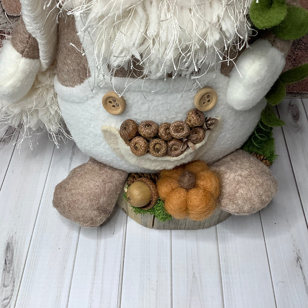 Ben/Gnome in Cream Overalls, with a Pocket Full of Acorns, a Pumpkin & Flora on Natural Wood Base
