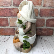 Ben/Gnome in Cream Overalls, with a Pocket Full of Acorns, a Pumpkin & Flora on Natural Wood Base