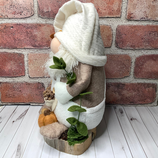 Ben/Gnome in Cream Overalls, with a Pocket Full of Acorns, a Pumpkin & Flora on Natural Wood Base