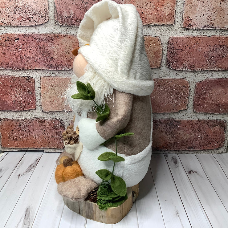 Ben/Gnome in Cream Overalls, with a Pocket Full of Acorns, a Pumpkin & Flora on Natural Wood Base