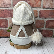 Ben/Gnome in Cream Overalls, with a Pocket Full of Acorns, a Pumpkin & Flora on Natural Wood Base