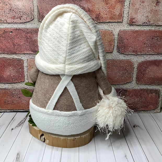 Ben/Gnome in Cream Overalls, with a Pocket Full of Acorns, a Pumpkin & Flora on Natural Wood Base