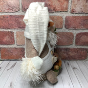 Ben/Gnome in Cream Overalls, with a Pocket Full of Acorns, a Pumpkin & Flora on Natural Wood Base