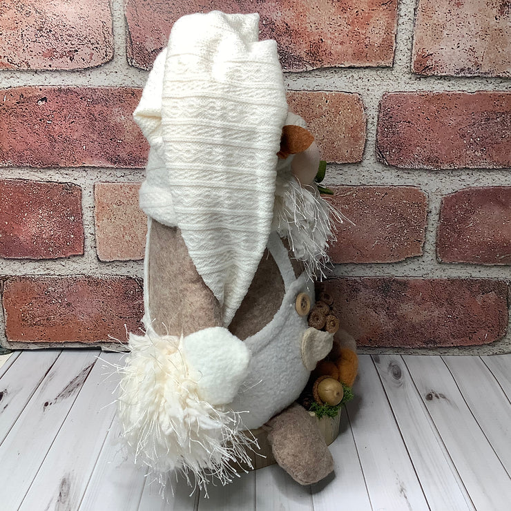 Ben/Gnome in Cream Overalls, with a Pocket Full of Acorns, a Pumpkin & Flora on Natural Wood Base