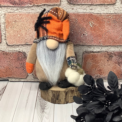 Morty/Gnome with Spider, Pumpkin & Flora on Natural Wood Base/Halloween