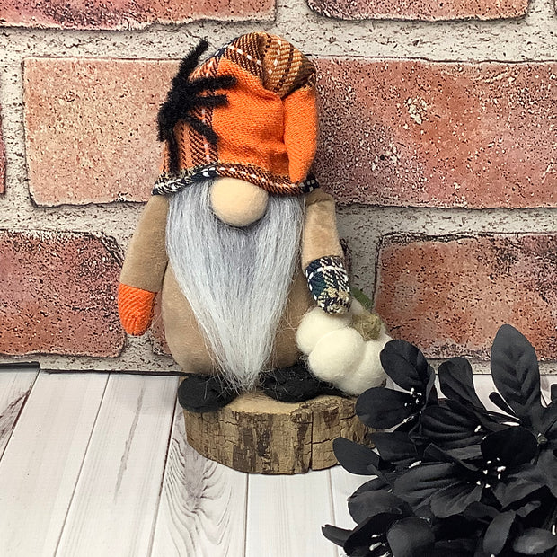 Morty/Gnome with Spider, Pumpkin & Flora on Natural Wood Base/Halloween