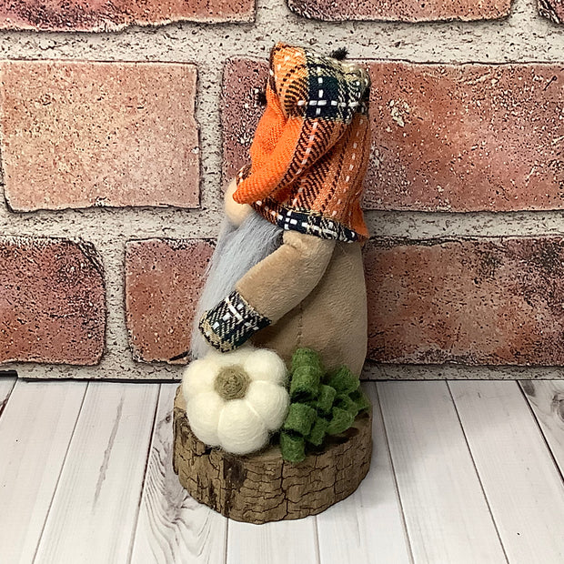Morty/Gnome with Spider, Pumpkin & Flora on Natural Wood Base/Halloween