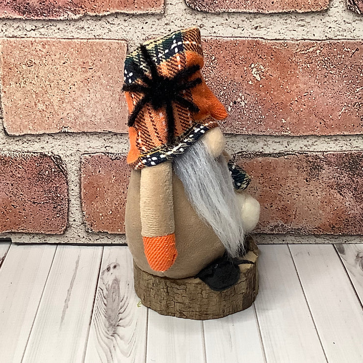 Morty/Gnome with Spider, Pumpkin & Flora on Natural Wood Base/Halloween