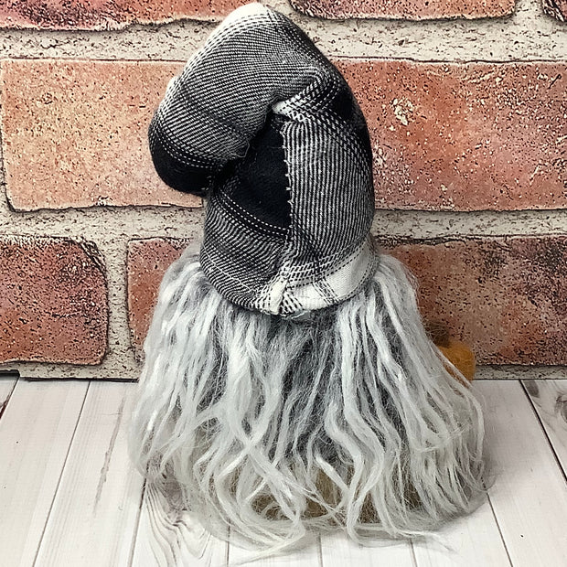 Jasper/Black & White Plaid Hat with a Pumpkin & Flora on Natural Wood Base