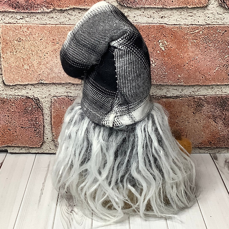 Jasper/Black & White Plaid Hat with a Pumpkin & Flora on Natural Wood Base