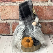 Jasper/Black & White Plaid Hat with a Pumpkin & Flora on Natural Wood Base