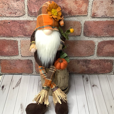 Silas/Scarecrow Gnome, Pumpkin & Flora on Natural Wood Base
