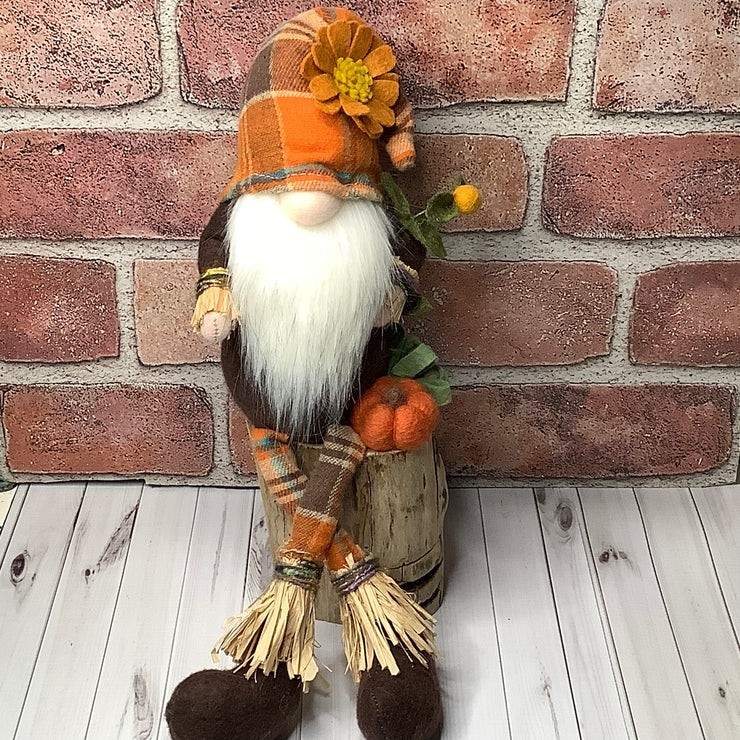 Silas/Scarecrow Gnome, Pumpkin & Flora on Natural Wood Base
