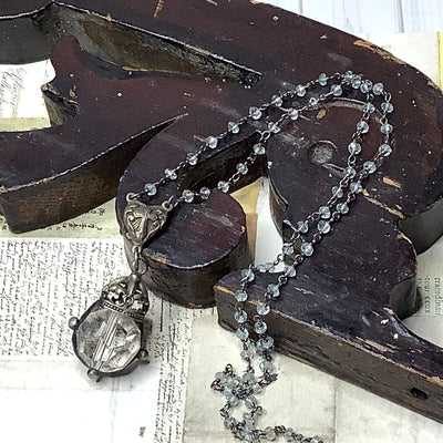 24” Vintage Crowned Pendant Aquamarine & Gunmetal Necklace
