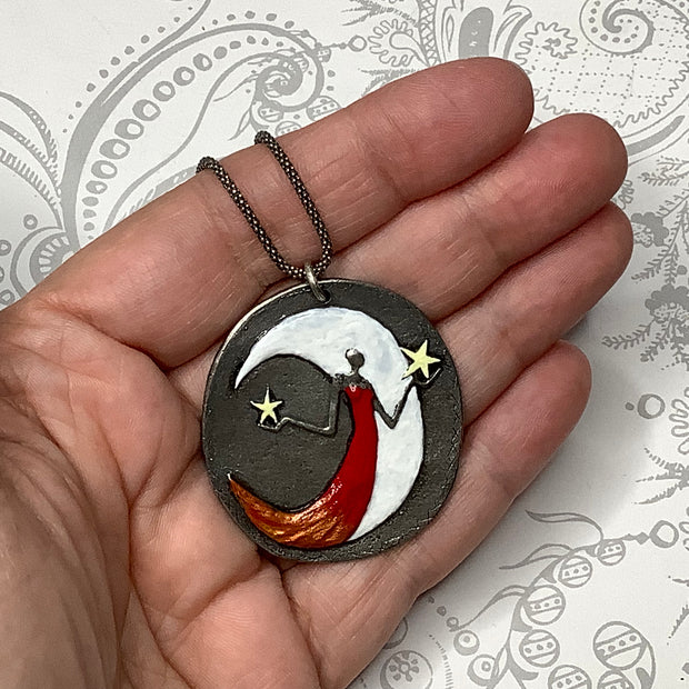 18" Fire Moon Goddess Pendant Sterling Necklace