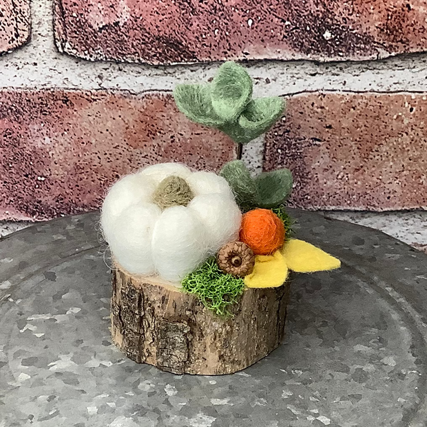 Pixie Patch/White Pumpkin with Flora on Natural Wood Base