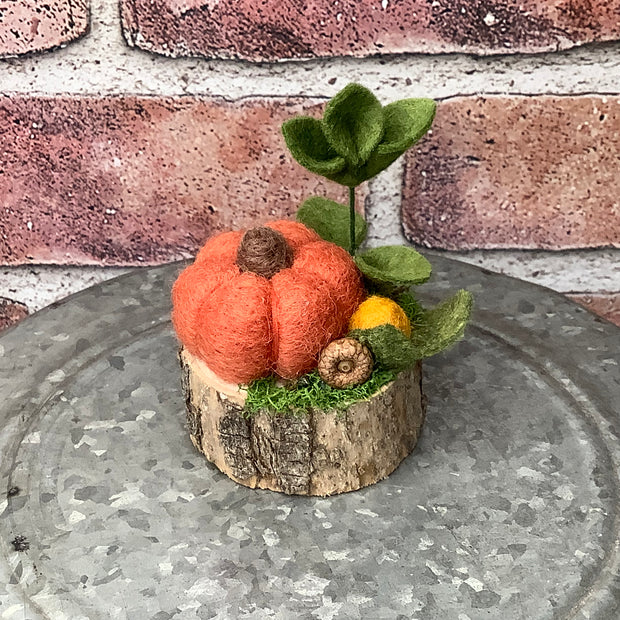Tiny Harvest/Autumn Pumpkin with Flora on Natural Wood Base