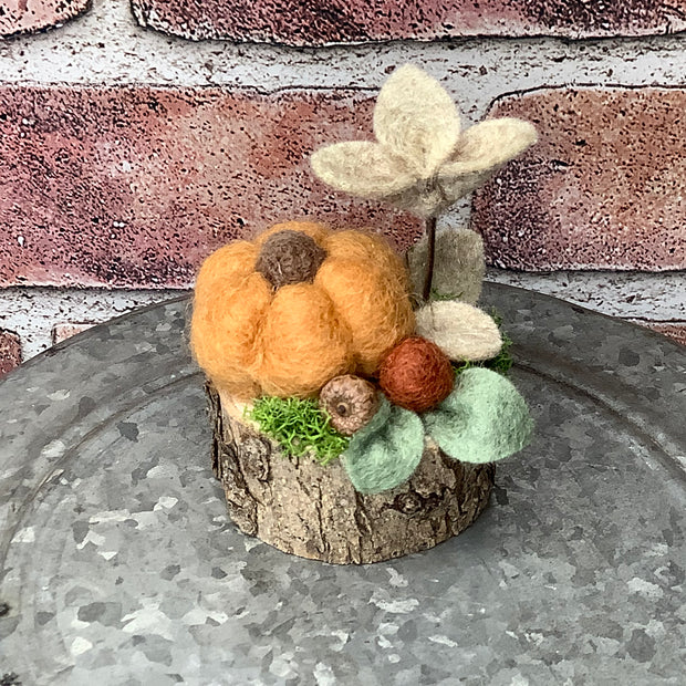Pumpkin Sprout/Ochre Pumpkin with Flora on Natural Wood Base