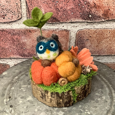 Hooty/Wooly Owl with Pumpkins & Flora on Natural Wood Base-Autumn