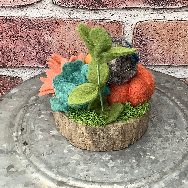 Hooty/Wooly Owl with Pumpkins & Flora on Natural Wood Base-Autumn