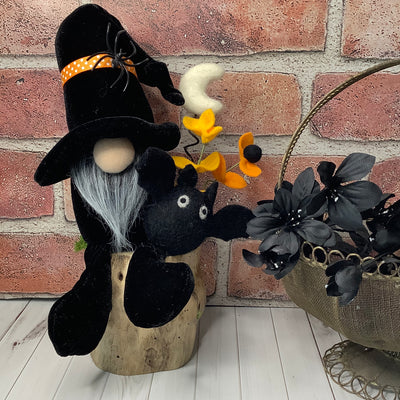 Salem/Black Velvet Gnome with his Bat Buddy, Moon & Flora on Natural Wood Base/Halloween