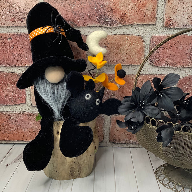 Salem/Black Velvet Gnome with his Bat Buddy, Moon & Flora on Natural Wood Base/Halloween