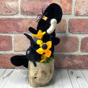 Salem/Black Velvet Gnome with his Bat Buddy, Moon & Flora on Natural Wood Base/Halloween