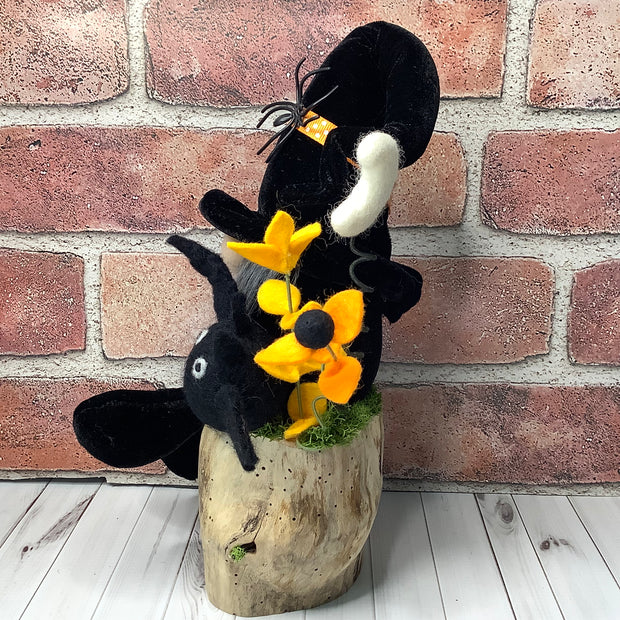 Salem/Black Velvet Gnome with his Bat Buddy, Moon & Flora on Natural Wood Base/Halloween