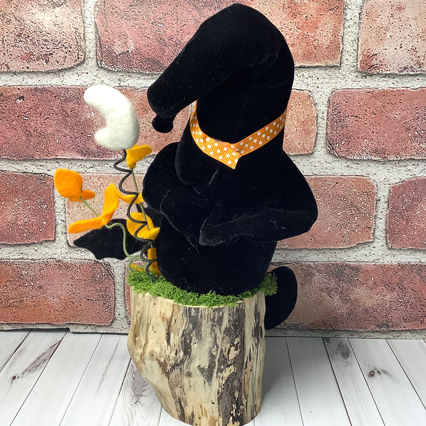 Salem/Black Velvet Gnome with his Bat Buddy, Moon & Flora on Natural Wood Base/Halloween