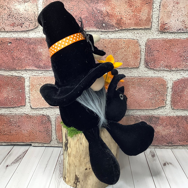 Salem/Black Velvet Gnome with his Bat Buddy, Moon & Flora on Natural Wood Base/Halloween
