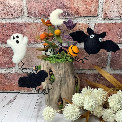 Twilight Gathering/Ghost, Bats, Skully & Flora under the moon on Natural Wood Base/Halloween