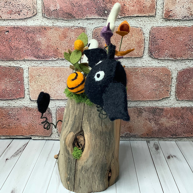 Twilight Gathering/Ghost, Bats, Skully & Flora under the moon on Natural Wood Base/Halloween