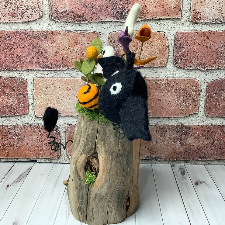 Twilight Gathering/Ghost, Bats, Skully & Flora under the moon on Natural Wood Base/Halloween