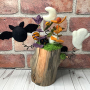 Twilight Gathering/Ghost, Bats, Skully & Flora under the moon on Natural Wood Base/Halloween