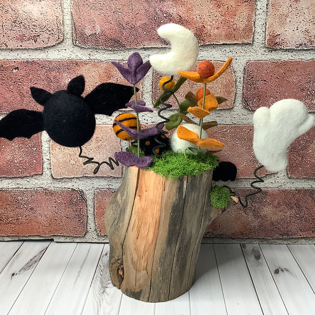 Twilight Gathering/Ghost, Bats, Skully & Flora under the moon on Natural Wood Base/Halloween