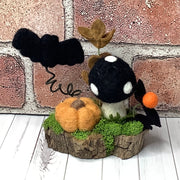 Pumpkin, Bat & Mushroom with Flora on Natural Wood Base/Halloween