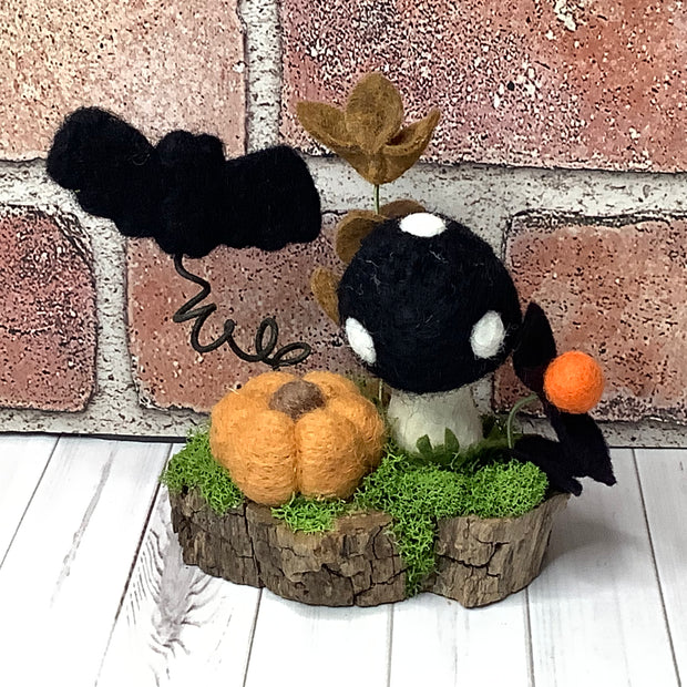 Pumpkin, Bat & Mushroom with Flora on Natural Wood Base/Halloween